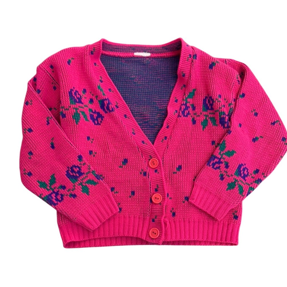 Vintage Kids 70's Pink Floral Rose Knit Cardigan V-Neck Button Front Sweater